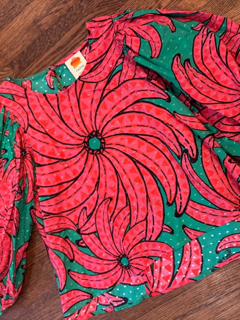 FARM Rio Pink & Green Floral Banana Pitta Puff Sleeve Blouse Size Small - Picture 4 of 7